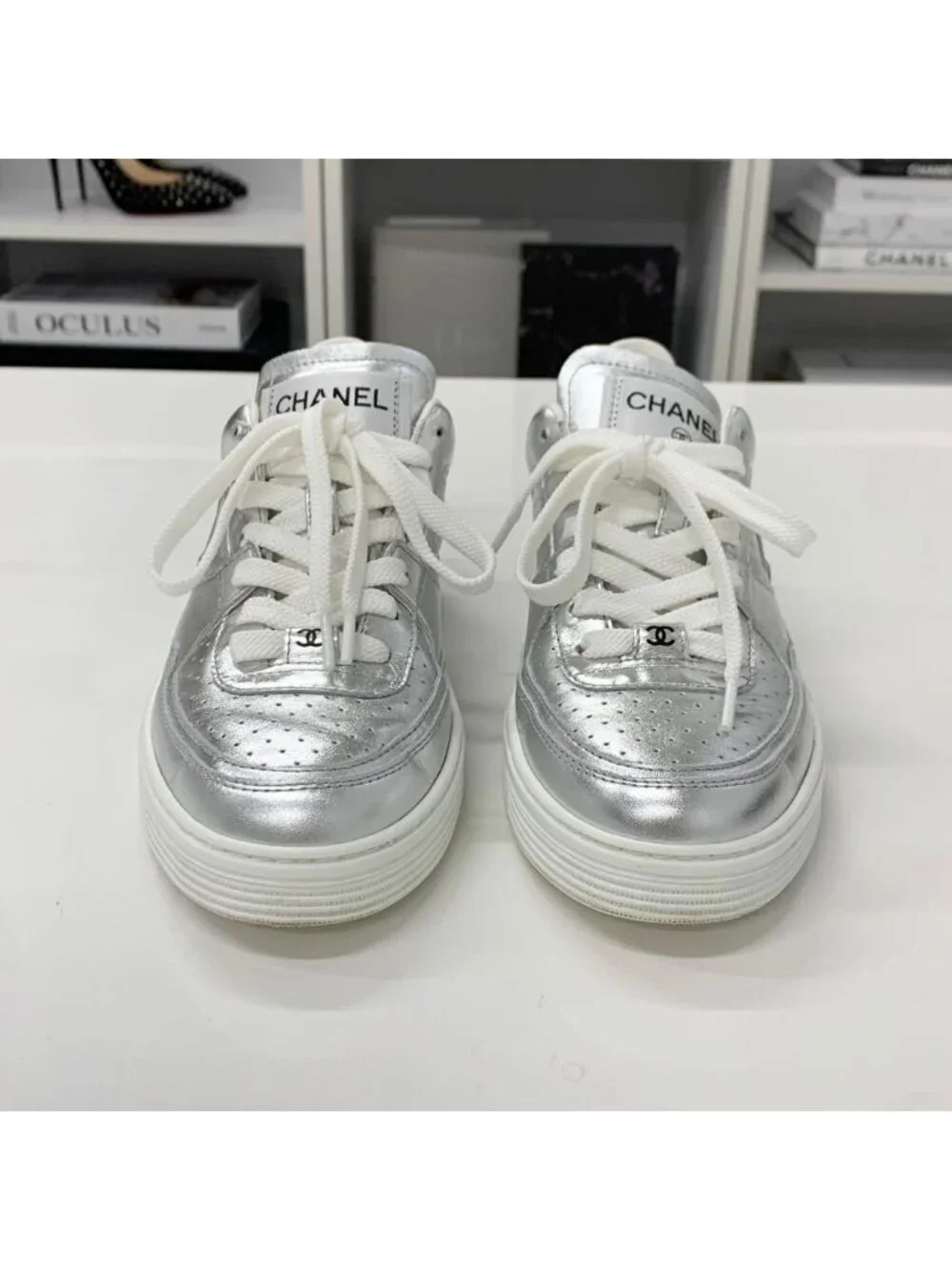 Chanel CC Logo Perforated Leather Sneakers Silver